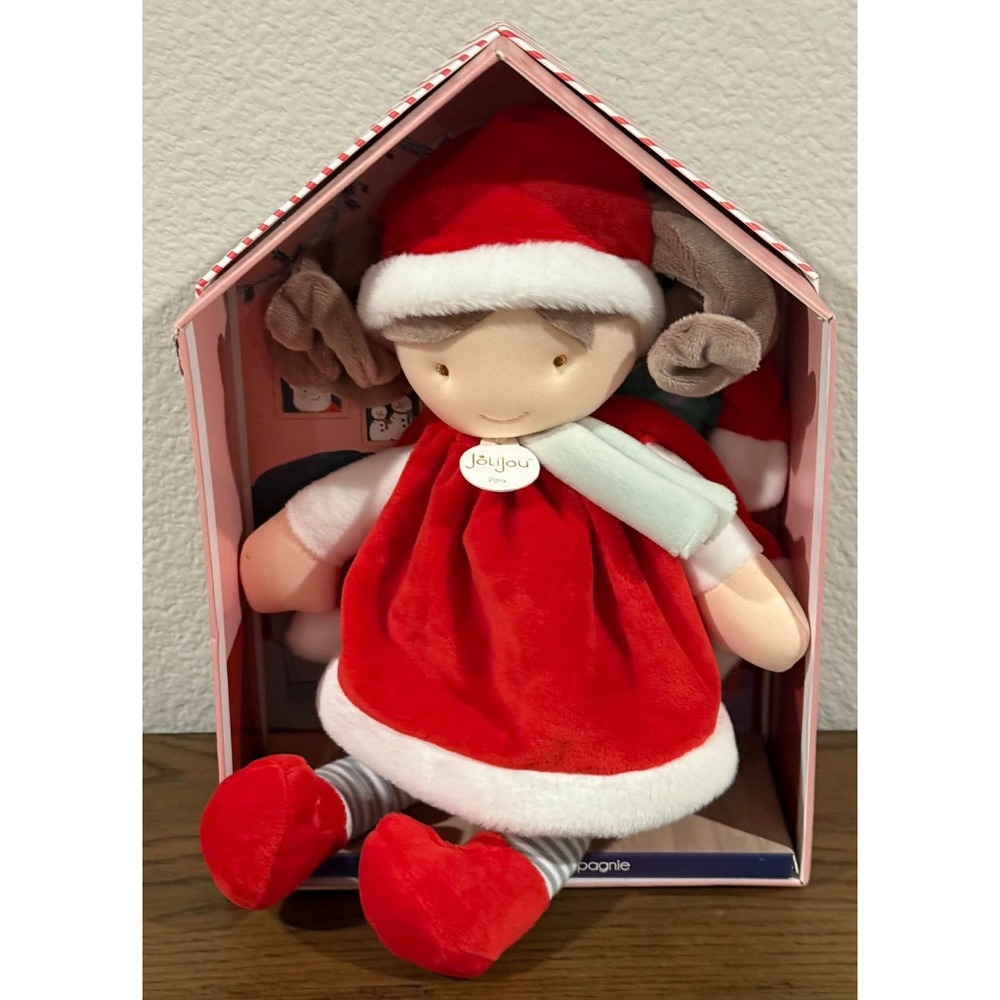 JoliJou Paris Christmas Plush Doll 12" Soft Body Santa Outfit w Hat NEW